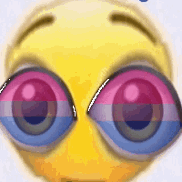 a close up of a smiley face with big eyes and a bisexual flag on it .