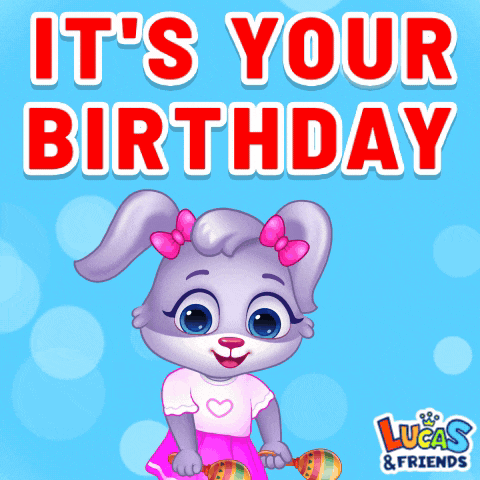 a purple bunny holding a pair of maracas with the words it 's your birthday