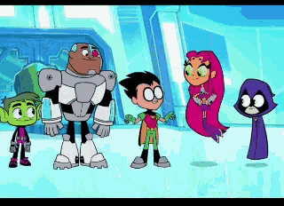 a group of cartoon characters are standing next to each other in a room