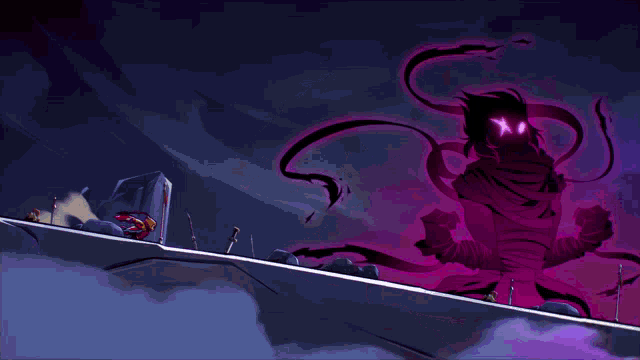 a cartoon character with purple eyes and a sword in his hands