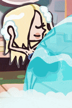a cartoon of a girl taking a bath with a blue blanket
