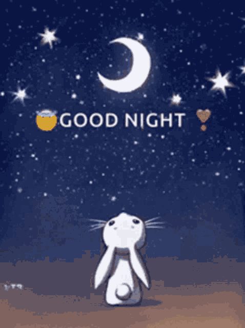 a rabbit is standing in front of a crescent moon with the words good night written on it