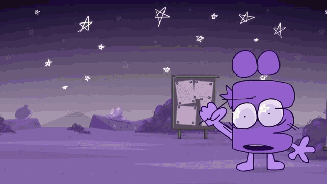 a purple cartoon character is standing in front of a bulletin board with the number 3 on it