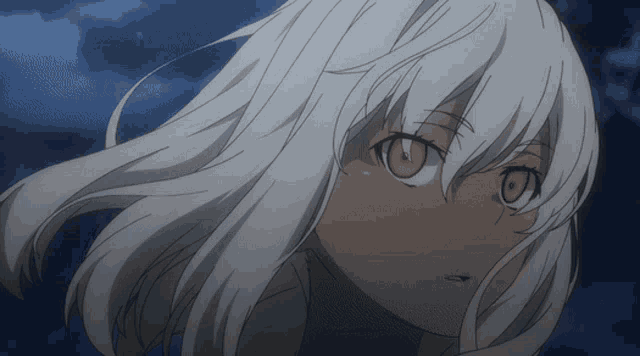 a girl with white hair and brown eyes looks down at something