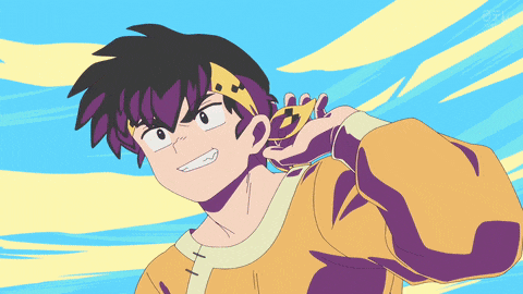 a cartoon character with purple hair and a yellow shirt is holding a sword