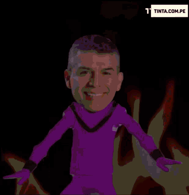 a cartoon of a man in a purple suit with flames behind him