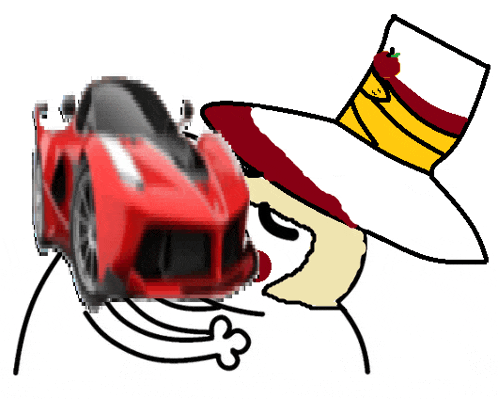 a cartoon drawing of a man wearing a top hat and a red car behind him