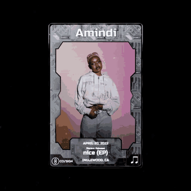 a card that says ' amindi ' on it with a picture of a woman