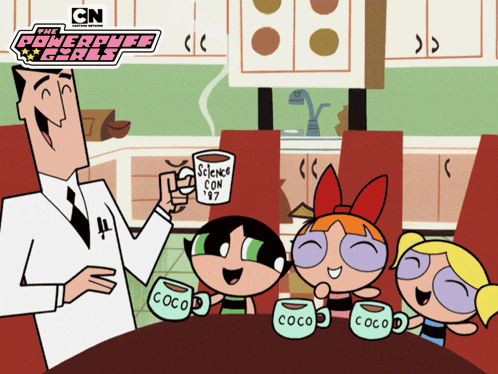 a poster for the powerpuff girls shows a man holding up a cup that says science con 1987
