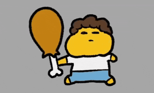a cartoon character is holding a chicken leg