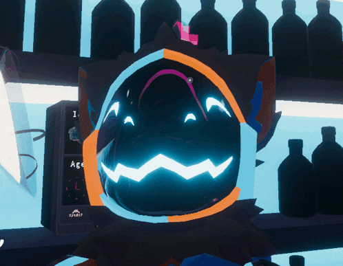a video game character is standing in front of a shelf with bottles on it