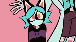 a cartoon character with blue hair and a mask on her face is being held by a person .