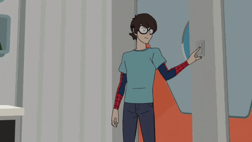 a cartoon drawing of a boy with glasses and a spider web on his arm