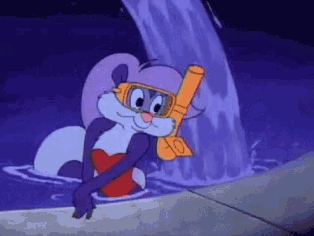 a cartoon squirrel is wearing a diving mask and holding a scuba mask in the water .