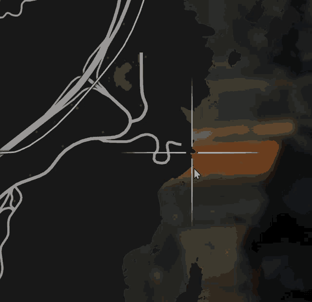 a black and white map with a white arrow pointing to a point