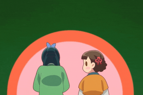 two cartoon girls are standing in front of a green and pink circle