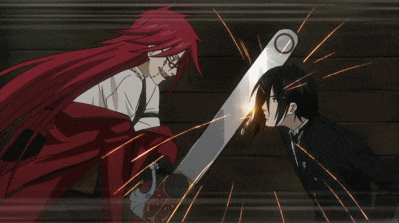 a cartoon character with red hair and glasses holding a sword