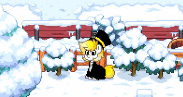 a pixel art drawing of a fox in a snowy forest