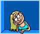 a cartoon of a woman leaning against a wall .