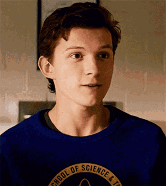 a young man is wearing a blue sweater that says school of science and technology on it .