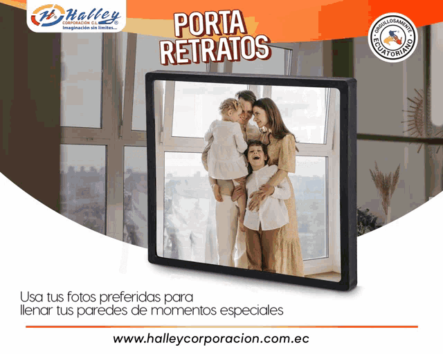 an advertisement for porta retratos shows a picture of a family in front of a window
