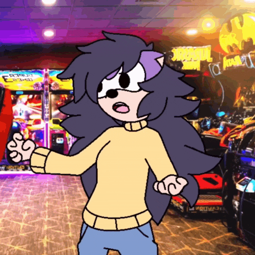 a cartoon drawing of a girl in an arcade with a sign that says ' arcade ' on it
