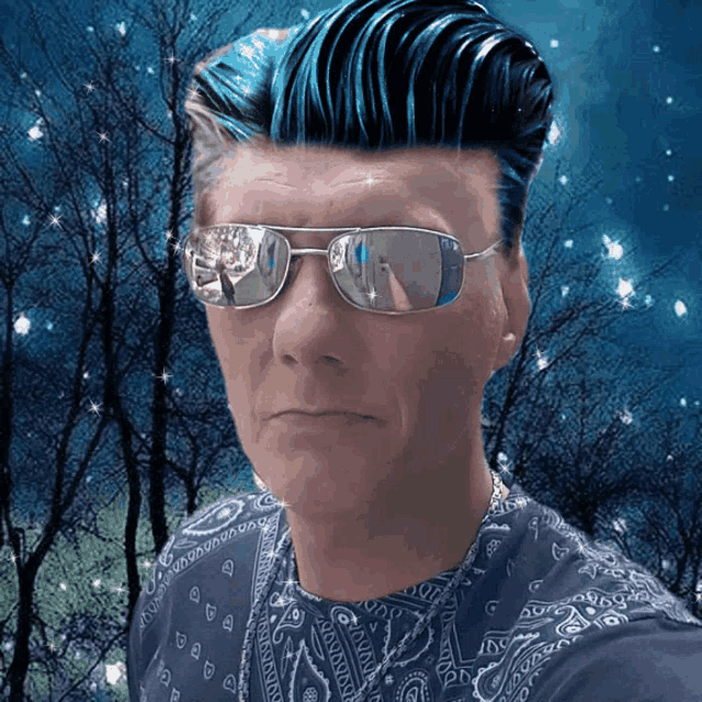 a man with blue hair wearing sunglasses and a blue bandana