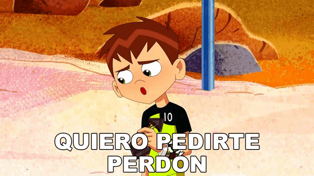 a cartoon character with the words quiero pedirte perdon on the bottom