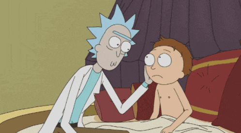 a cartoon of rick and morty laying on a bed