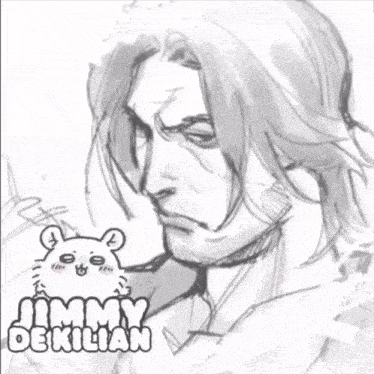 a black and white drawing of a man with the words jimmy de kilian below it