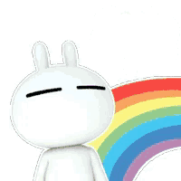 a cartoon rabbit is thinking about a lollipop in a thought bubble above a rainbow
