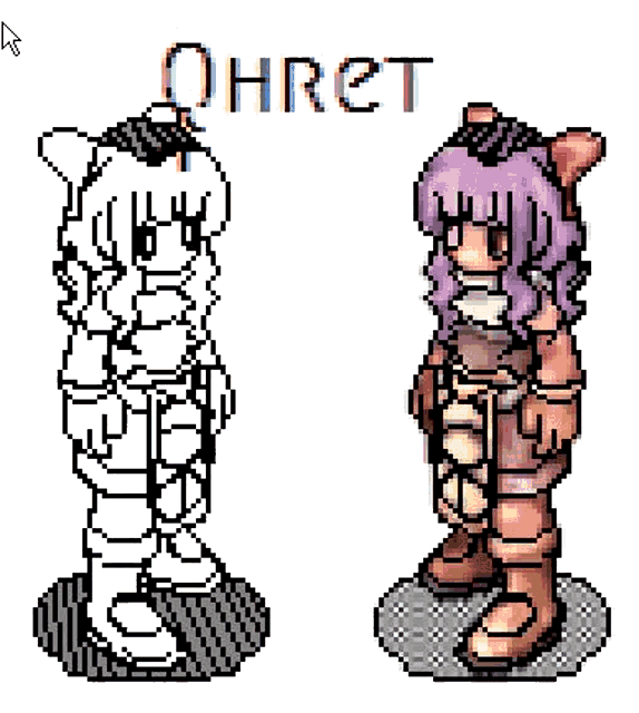a pixel art drawing of a girl with purple hair standing next to a white background .