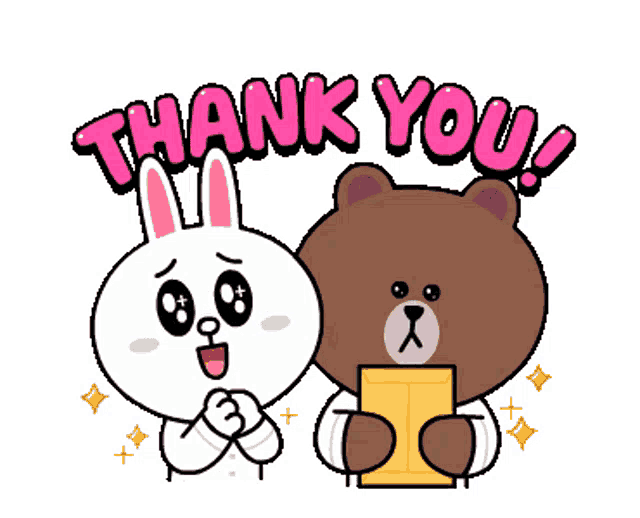 a brown bear and a white rabbit are standing next to each other with the words thank you above them