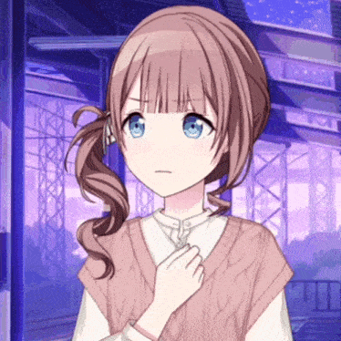 a girl with a ponytail and blue eyes is wearing a pink sweater vest