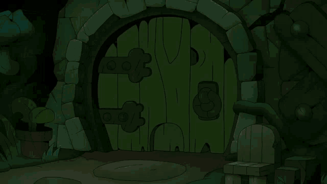 a cartoon character with big eyes is kicking a door