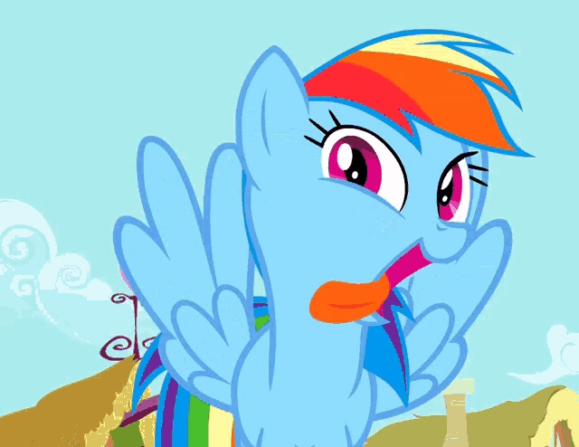 a cartoon drawing of a rainbow dash with a duck mouth