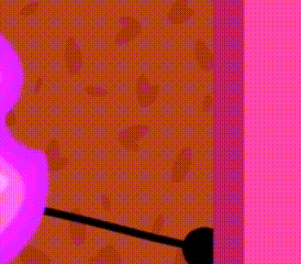 a purple cartoon character is standing next to a pink balloon .