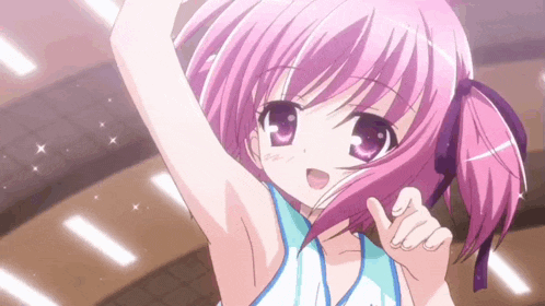 a girl with pink hair is wearing a blue and white top
