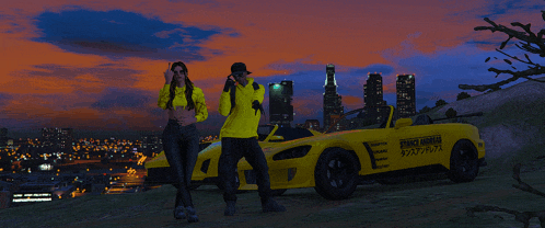 a man and a woman are standing in front of a yellow car that says stance bomber