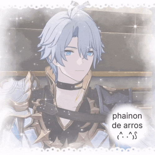 a picture of a boy with white hair and the words phainon de aros on the bottom