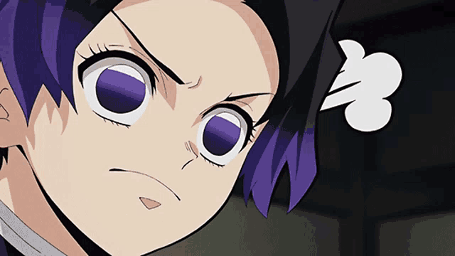 a close up of a cartoon character with purple hair and a puff of smoke coming out of her mouth