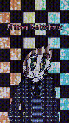 a simon robidoux poster with a cartoon character standing in front of a checkered background