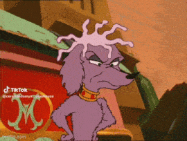 a cartoon dog with a purple swirl on its head is standing in front of a building