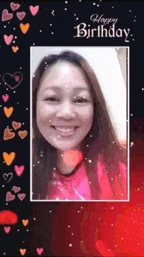 a picture of a woman with hearts and the words happy birthday