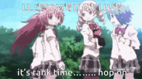 three anime girls are standing next to each other and the caption says it 's rank time