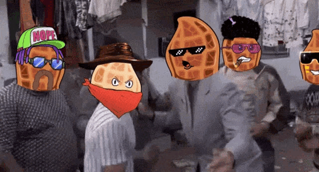 a group of cartoon characters with one wearing a hat with the word nope on it