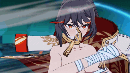 a naked anime character is holding a sword in her hand