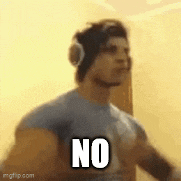 a man wearing headphones says no in front of a yellow wall
