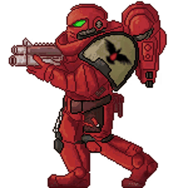 a pixel art of a soldier holding a gun and a shield