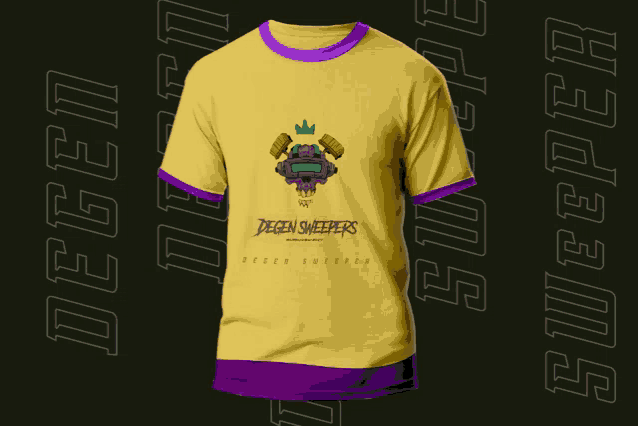 a yellow t-shirt with degen sweepers on the front